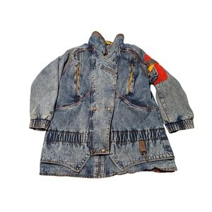 Current Seen Mens Denim Jacket Red Quilted Accents Acid Wash Size M